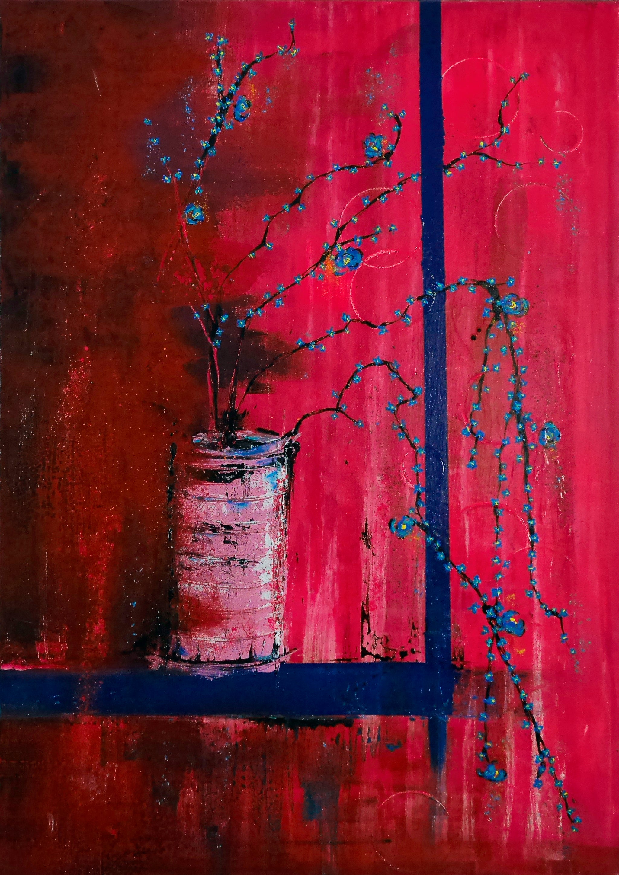 POT ROSE SUR BORD BLEU